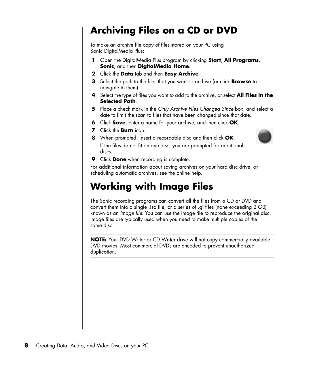 HP SR1520AN, SR1599AN, SR1500AN manual Archiving Files on a CD or DVD, Working with Image Files 