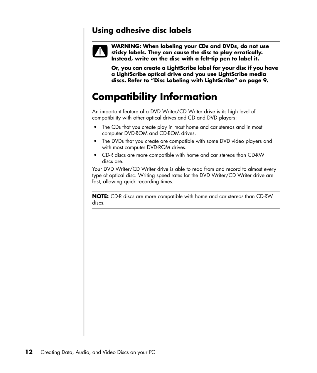 HP SR1599AN, SR1520AN, SR1500AN manual Compatibility Information, Using adhesive disc labels 