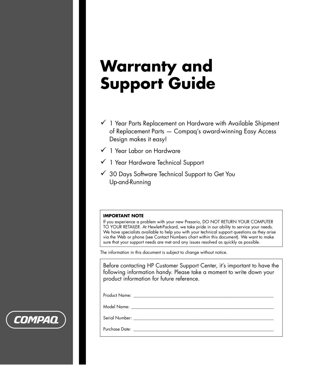 HP SR1599AN, SR1520AN, SR1560AN, SR1500AN manual Warranty Support Guide 