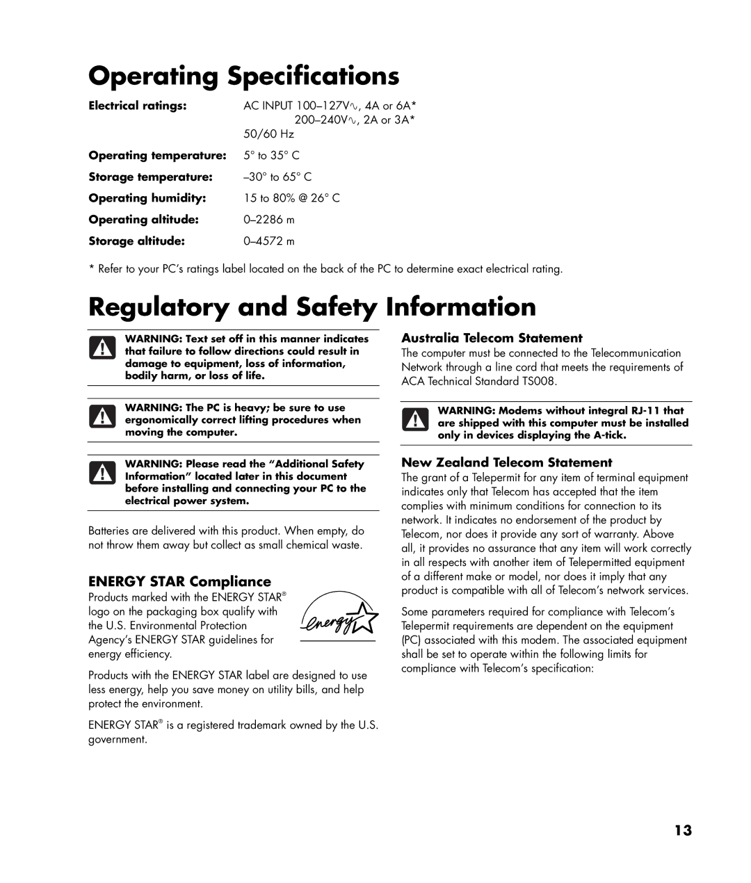 HP SR1599AN, SR1520AN, SR1560AN, SR1500AN manual Australia Telecom Statement, New Zealand Telecom Statement 