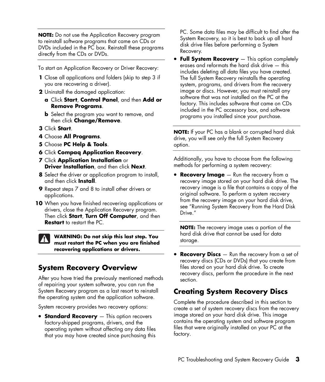 HP SR1503WM, SR1520NX, SR1519X, SR1520AN, SR1517CL, SR1514NX, SR1510NX System Recovery Overview, Creating System Recovery Discs 