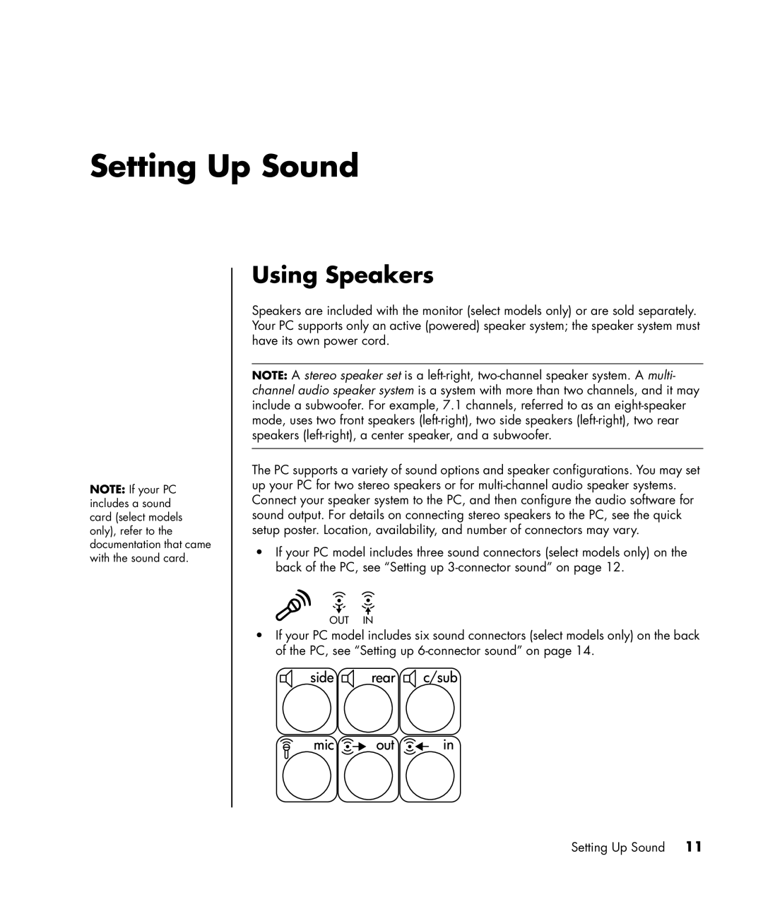 HP SR1510NX, SR1520NX, SR1519X, SR1522X, SR1514NX, SR1511NX, SR1504X, SR1503WM, SR1538X, SR1536NX Setting Up Sound, Using Speakers 