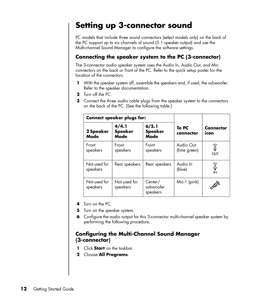 HP SR1511NX Setting up 3-connector sound, Connect speaker plugs for To PC Connector Speaker Icon Mode, Choose All Programs 