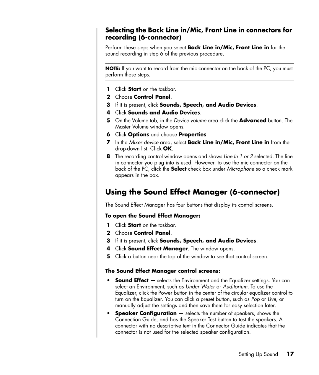 HP SR1563CL, SR1520NX, SR1519X, SR1522X, SR1504X Using the Sound Effect Manager 6-connector, To open the Sound Effect Manager 