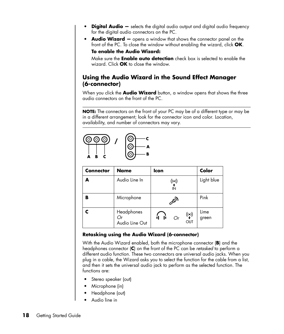 HP SR1575CL, SR1520NX To enable the Audio Wizard, Connector Name Icon Color, Retasking using the Audio Wizard 6-connector 