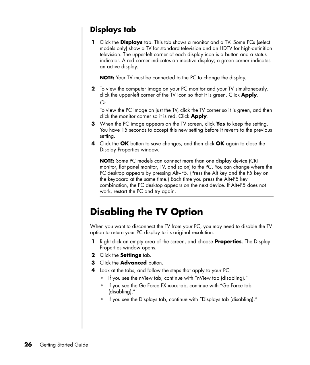 HP SR1510NX, SR1520NX, SR1519X, SR1522X, SR1514NX, SR1511NX, SR1504X, SR1503WM, SR1538X Disabling the TV Option, Displays tab 