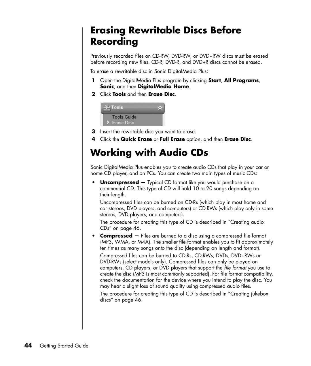 HP SR1503WM, SR1520NX, SR1519X, SR1522X, SR1514NX, SR1510NX Erasing Rewritable Discs Before Recording, Working with Audio CDs 