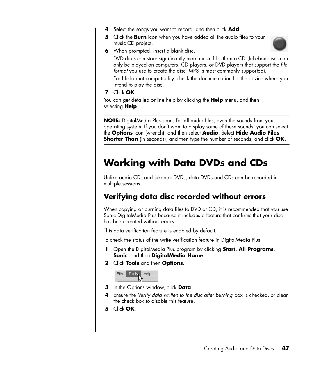 HP SR1563CL, SR1520NX, SR1519X, SR1522X, SR1514NX Working with Data DVDs and CDs, Verifying data disc recorded without errors 