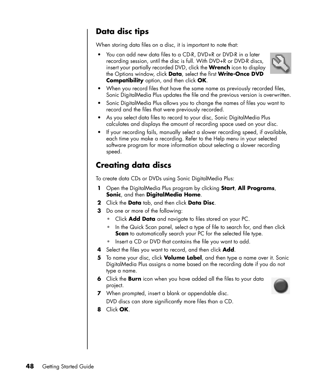 HP SR1575CL, SR1520NX, SR1519X, SR1522X, SR1514NX, SR1510NX, SR1511NX, SR1504X, SR1503WM manual Data disc tips, Creating data discs 