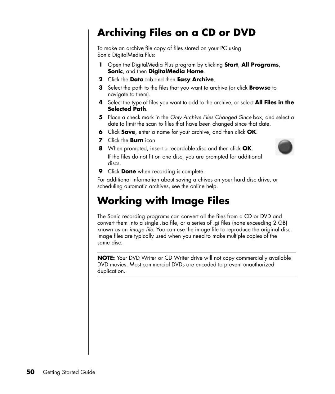 HP SR1502HM, SR1520NX, SR1519X, SR1522X, SR1514NX, SR1510NX, SR1511NX Archiving Files on a CD or DVD, Working with Image Files 