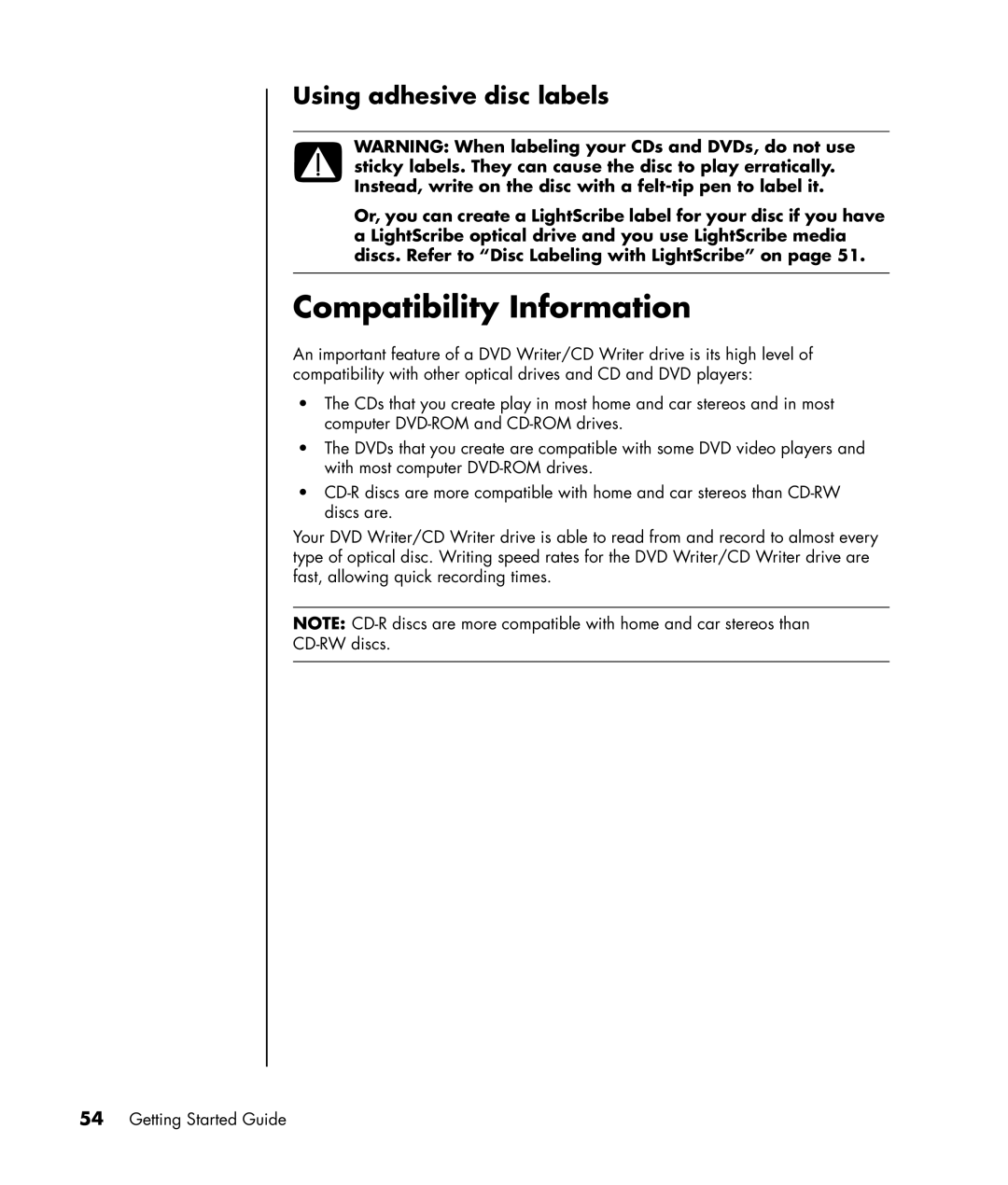 HP SR1522X, SR1520NX, SR1519X, SR1514NX, SR1510NX, SR1511NX, SR1504X manual Compatibility Information, Using adhesive disc labels 