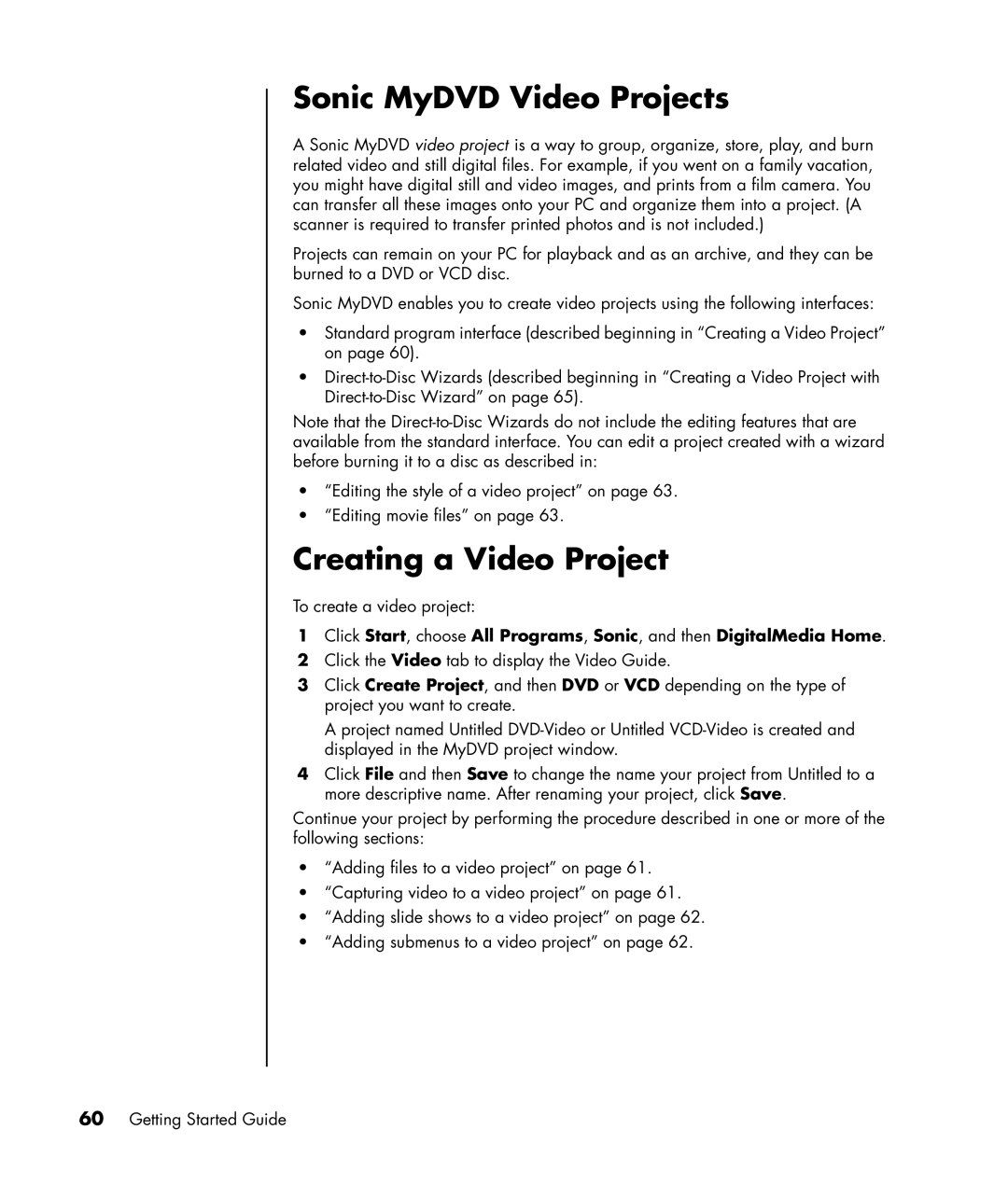 HP SR1538X, SR1520NX, SR1519X, SR1522X, SR1514NX, SR1510NX, SR1511NX manual Sonic MyDVD Video Projects, Creating a Video Project 