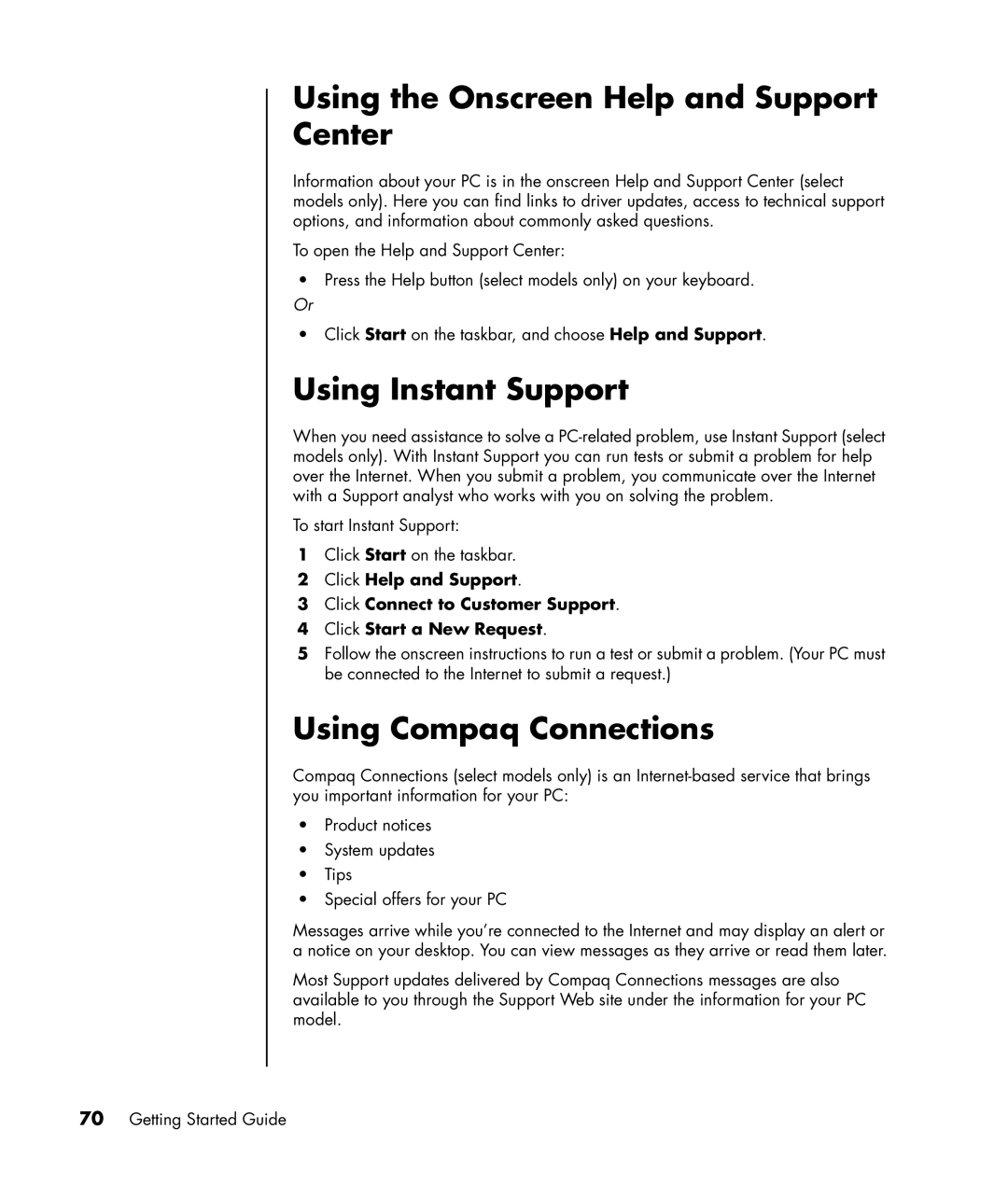 HP SR1514NX, SR1520NX, SR1519X Using the Onscreen Help and Support Center, Using Instant Support, Using Compaq Connections 