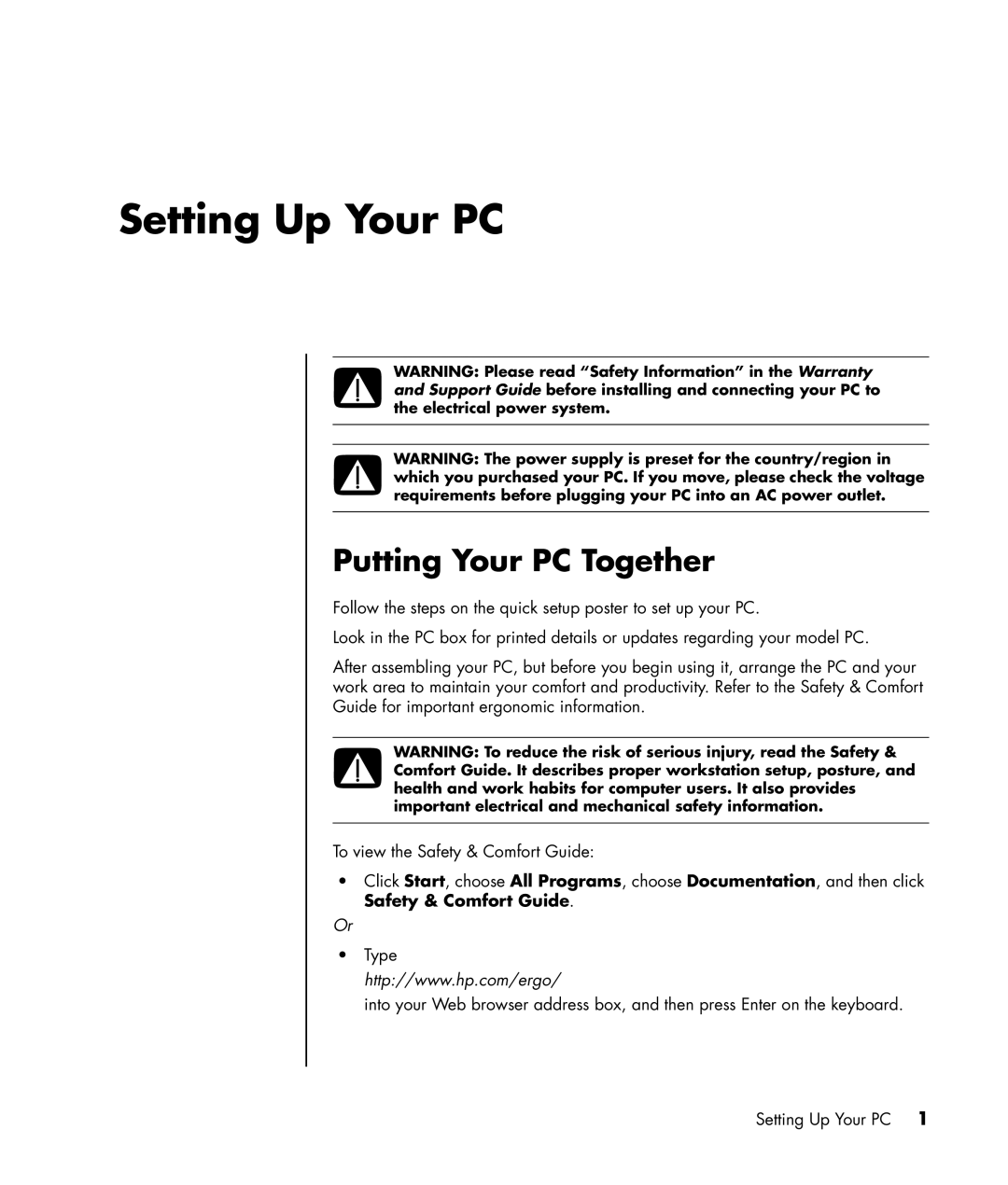 HP SR1536NX, SR1520NX, SR1519X, SR1522X, SR1514NX, SR1510NX, SR1511NX, SR1504X manual Setting Up Your PC, Putting Your PC Together 