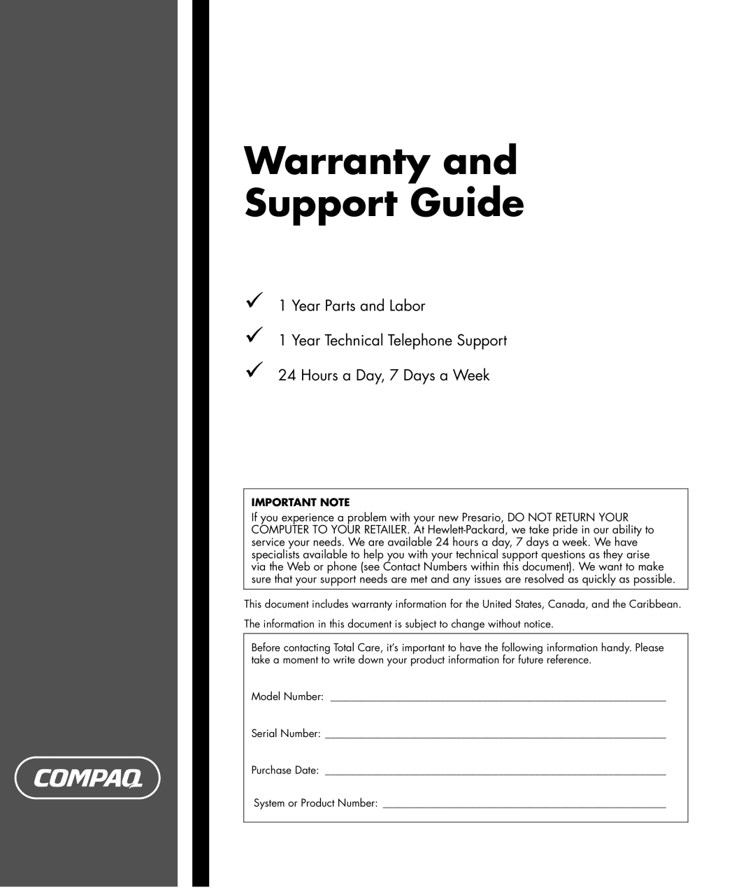 HP SR1519X, SR1520NX, SR1522X, SR1517CL, SR1514NX, SR1510NX, SR1511NX, SR1504X, SR1503WM manual Warranty and Support Guide 