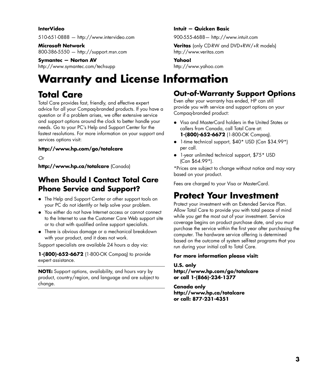 HP SR1517CL, SR1520NX, SR1519X manual Total Care, Protect Your Investment, InterVideo Intuit Quicken Basic Microsoft Network 