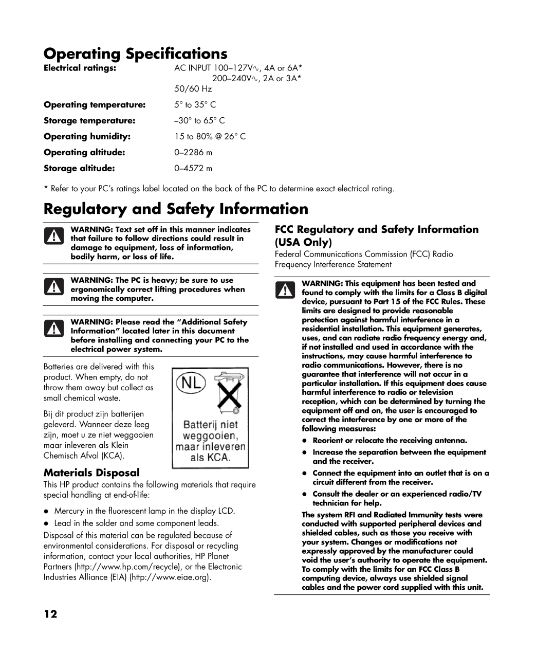 HP SR1030V (PY184AV), SR1650NX, SR1625NX, SR1630NX, SR1638NX manual Operating Specifications, Regulatory and Safety Information 