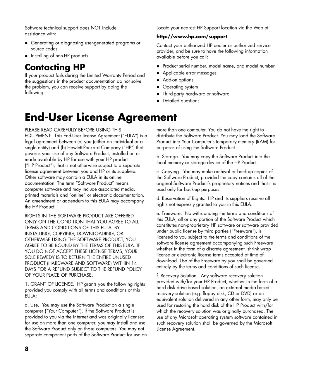 HP SR1610NX, SR1650NX, SR1625NX, SR1630NX, SR1638NX, SR1620NX, SR1617CL, SR1616NX manual End-User License Agreement, Contacting HP 