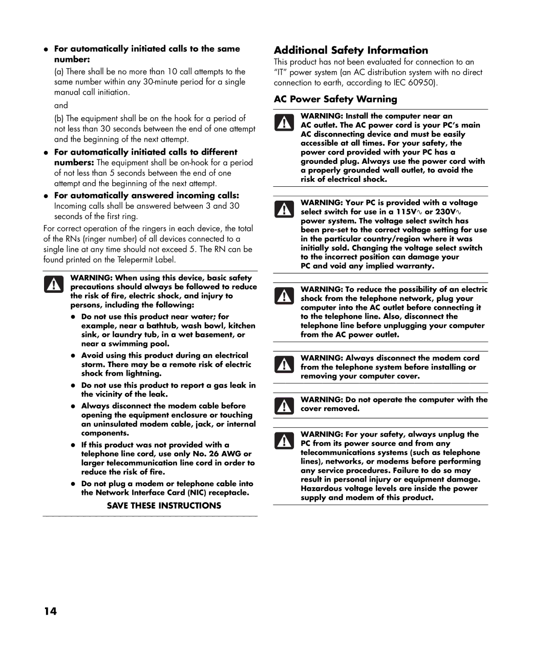 HP SR1620AN, SR1660AN, SR1640AP, SR1620AP manual AC Power Safety Warning, For automatically initiated calls to the same number 