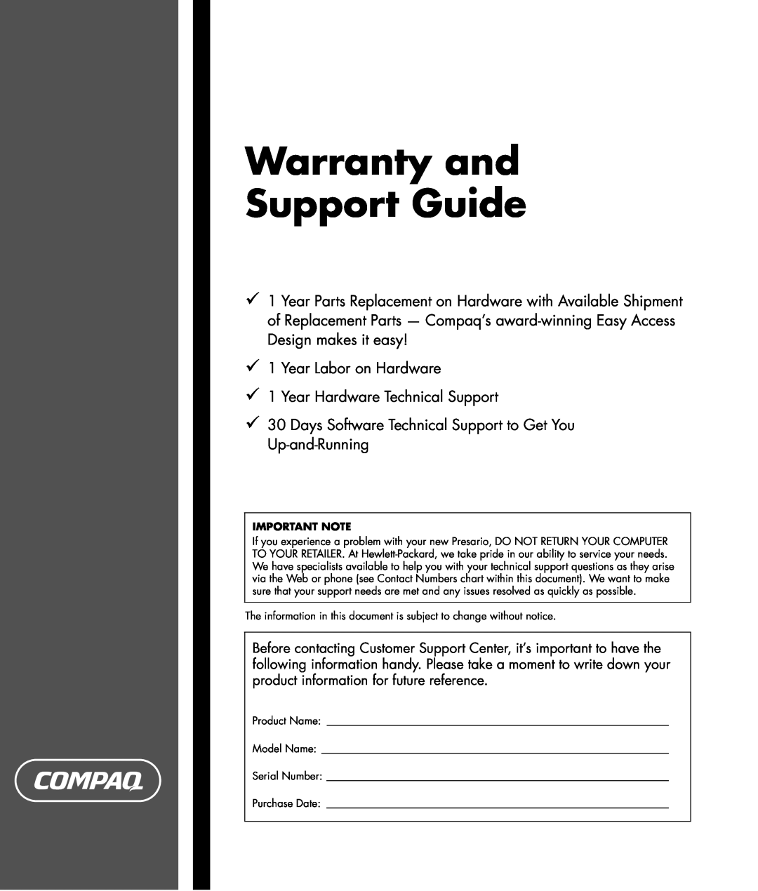 HP SR1640AP, SR1660AN, SR1620AN manual Warranty and Support Guide, Year Labor on Hardware 1 Year Hardware Technical Support 