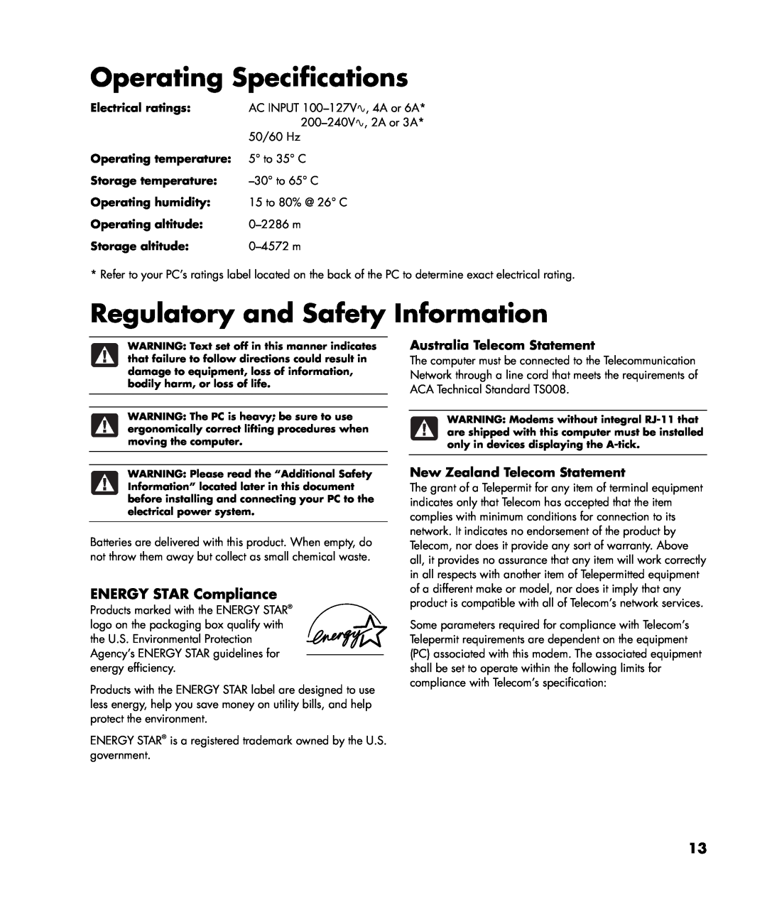 HP SR1640AP manual Operating Specifications, Regulatory and Safety Information, ENERGY STAR Compliance, Electrical ratings 