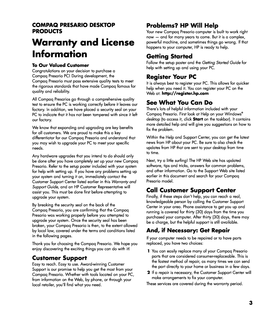 HP SR1620AP Warranty and License Information, Customer Support, Problems? HP Will Help, Getting Started, Register Your PC 