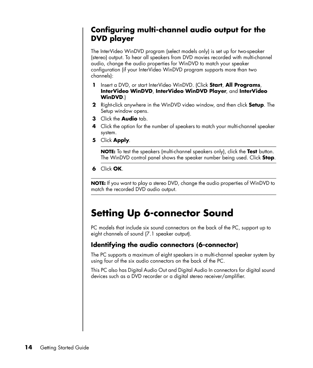 HP SR1030V (PY184AV), SR1680CF Setting Up 6-connector Sound, Configuring multi-channel audio output for the DVD player 