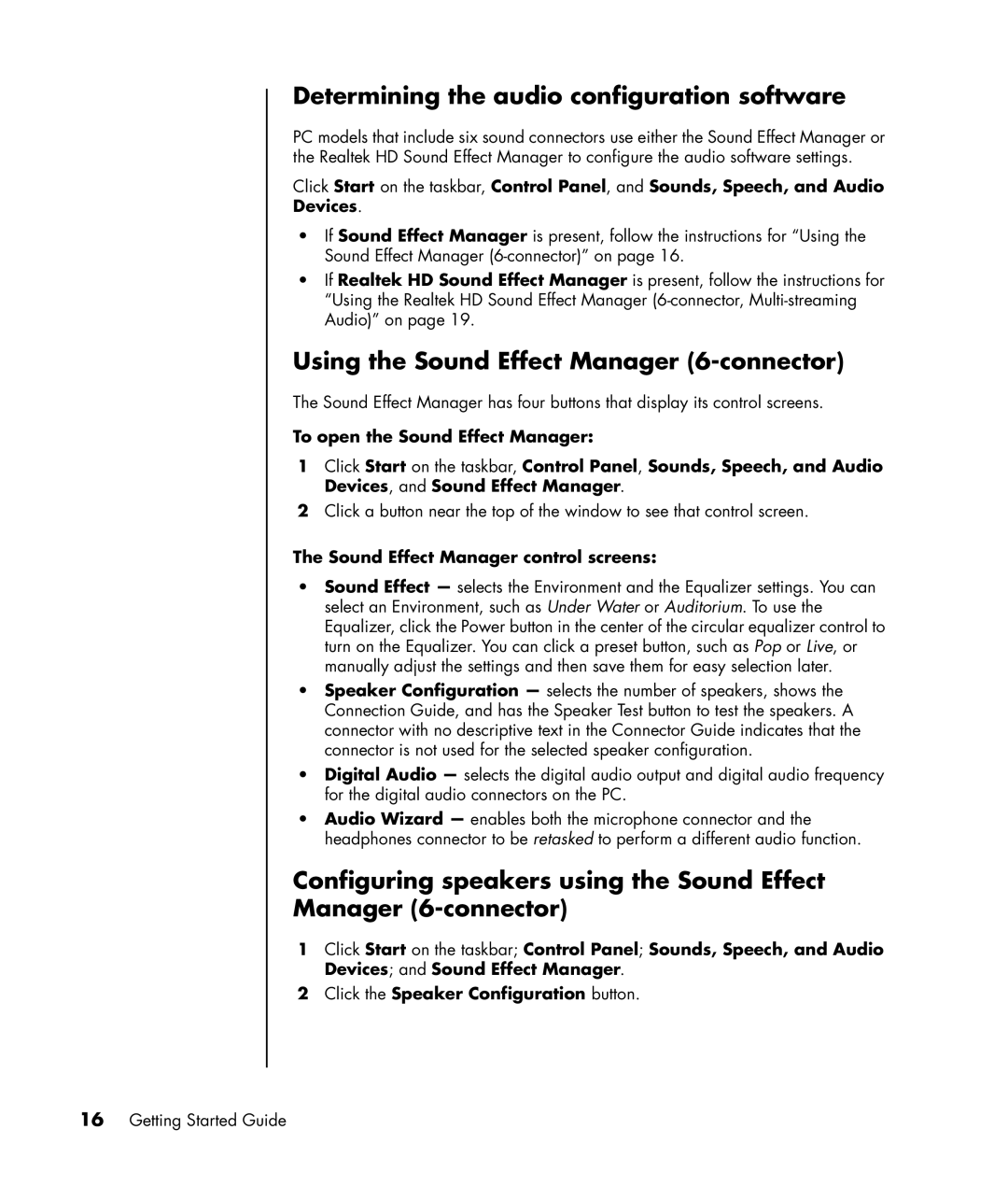 HP SR1614X, SR1680CF, SR1675CL Determining the audio configuration software, Using the Sound Effect Manager 6-connector 