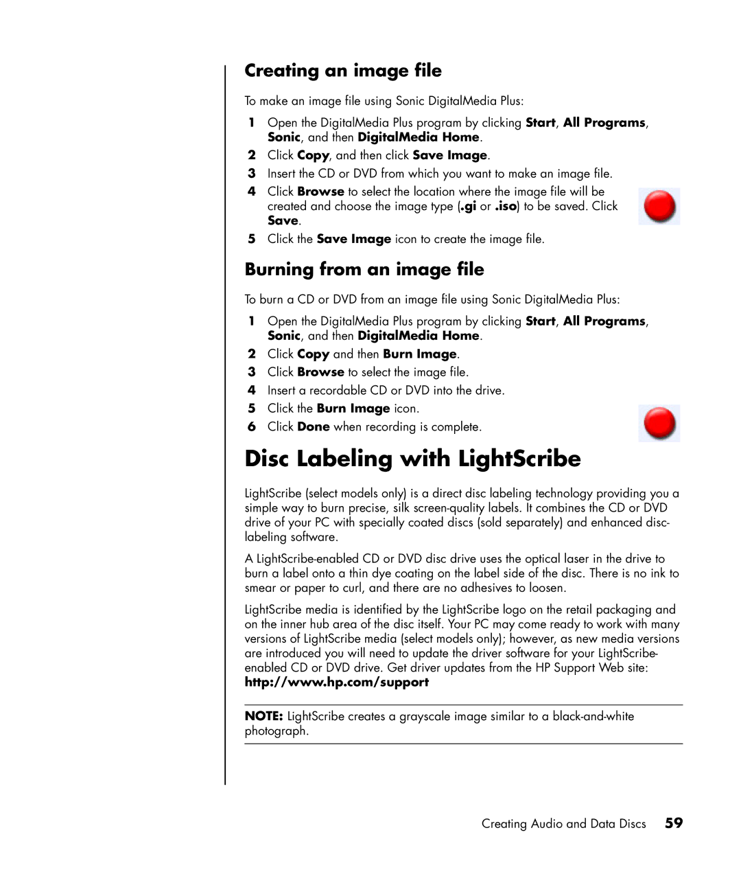 HP SR1030Z (EG185AV), SR1680CF, SR1675CL Disc Labeling with LightScribe, Creating an image file, Burning from an image file 