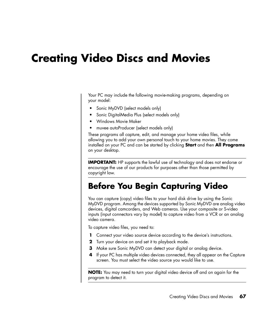 HP SR1630NX, SR1680CF, SR1675CL, SR1660CF, SR1625NX, SR1614X Creating Video Discs and Movies, Before You Begin Capturing Video 