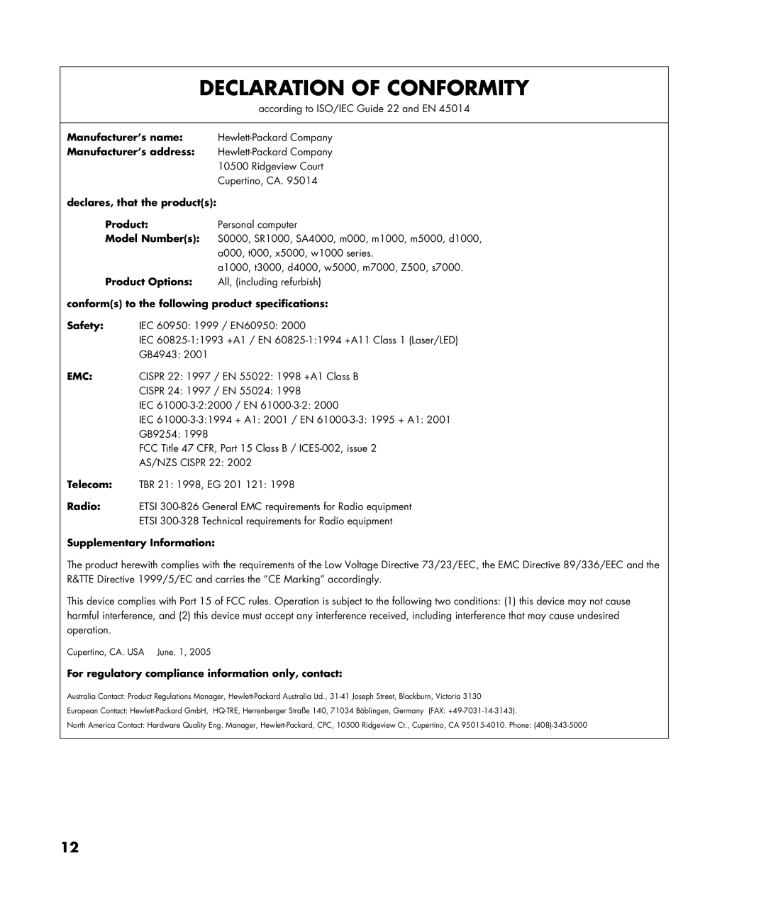 HP SR1780AN manual Declaration of Conformity 