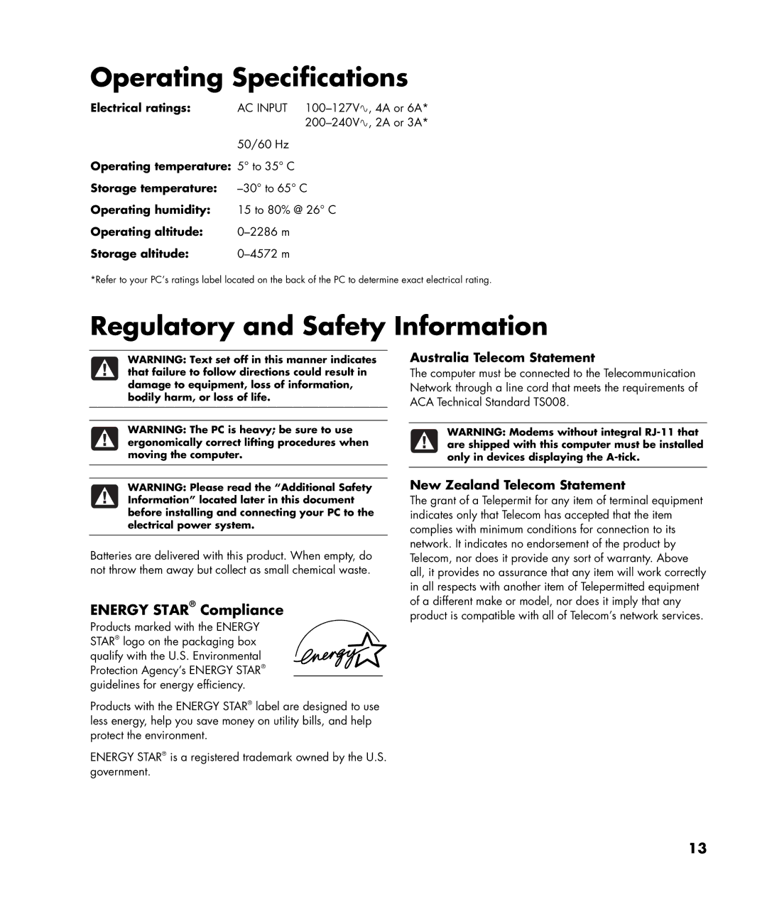 HP SR1780AN Electrical ratings, Operating temperature 5 to 35 C, Storage temperature, Operating humidity, Storage altitude 