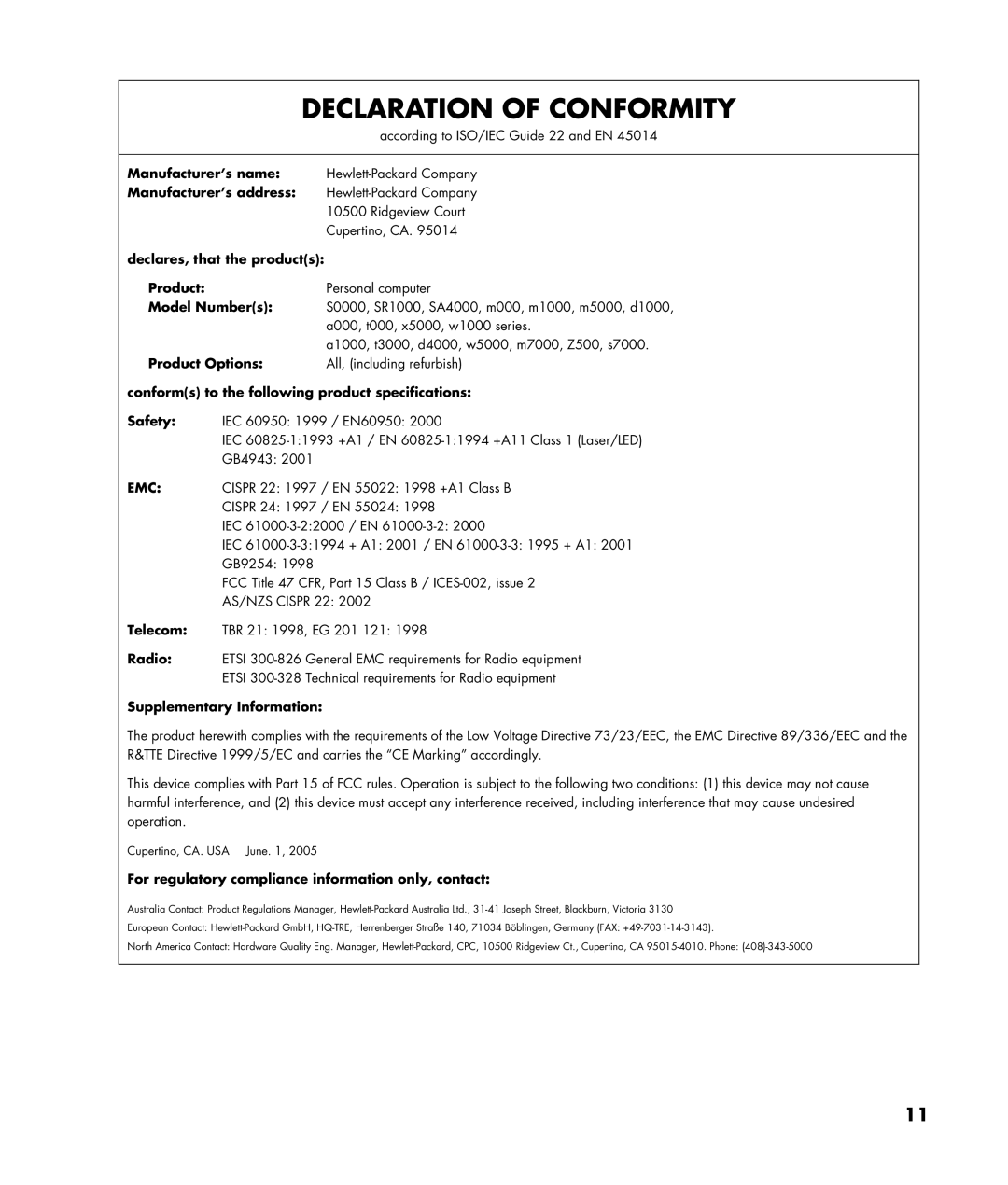 HP SR1799CF, SR1798CF, SR1797CF, SR1796CF, SR1791CF, SR1795CF, SR1794CF, SR1790CF, SR1789CF, SR1704CF Declaration of Conformity 