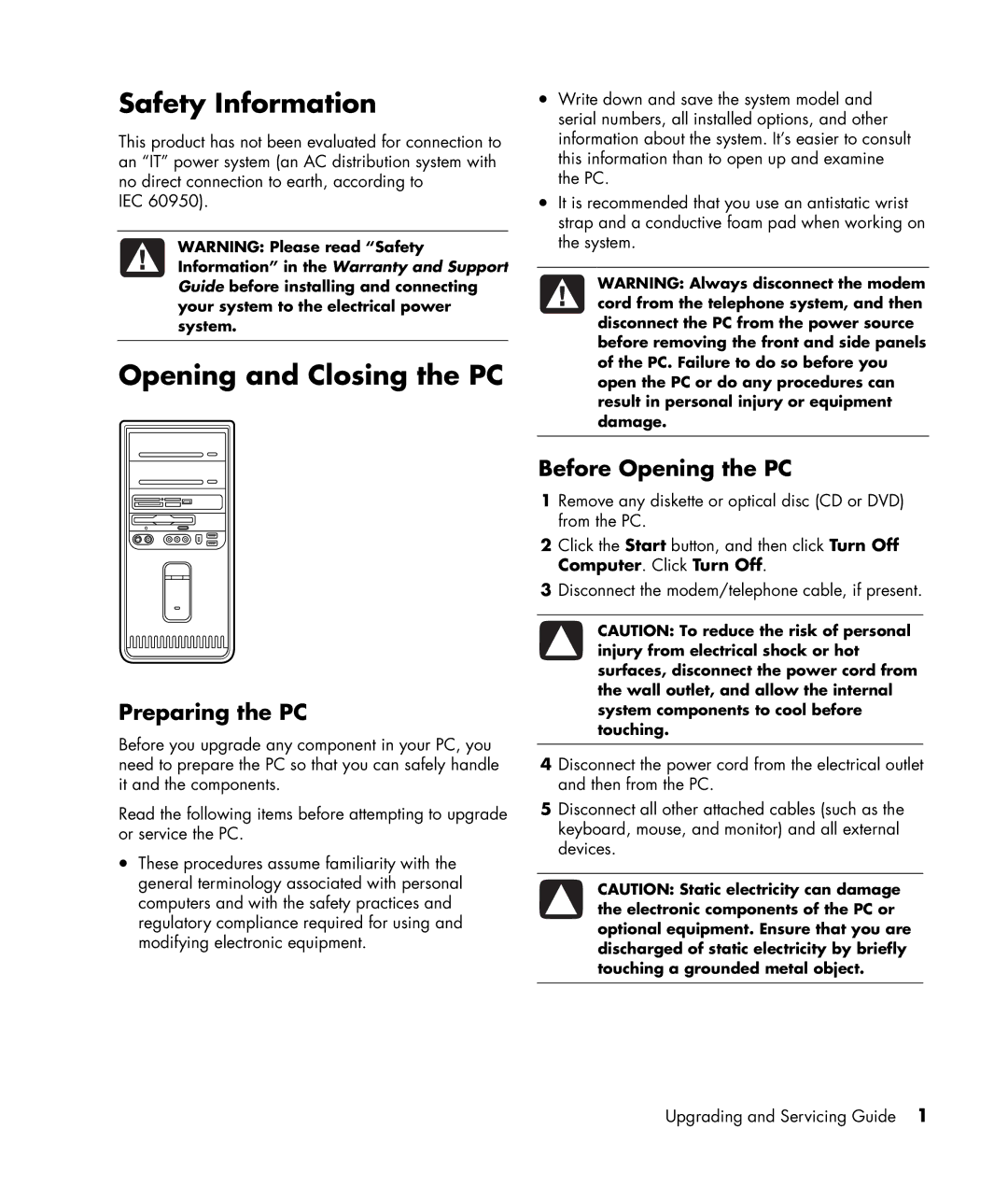 HP SR1800NX, SR1807CL, SR1811NX Safety Information, Opening and Closing the PC, Preparing the PC, Before Opening the PC 