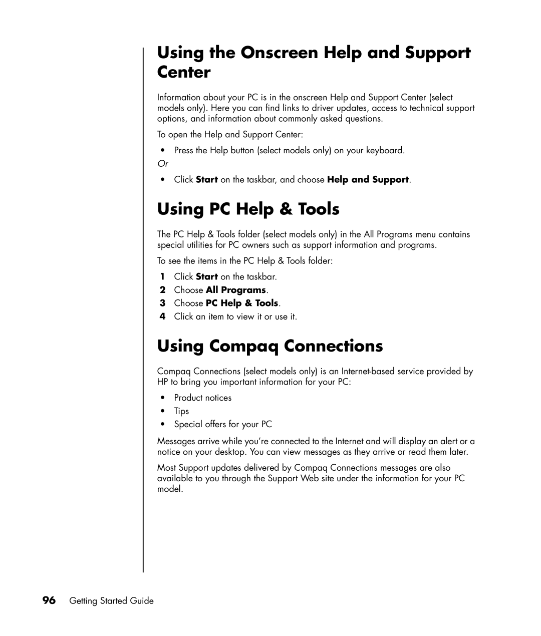 HP SR1800NX, SR1817CL, SR1811NX Using the Onscreen Help and Support Center, Using PC Help & Tools, Using Compaq Connections 