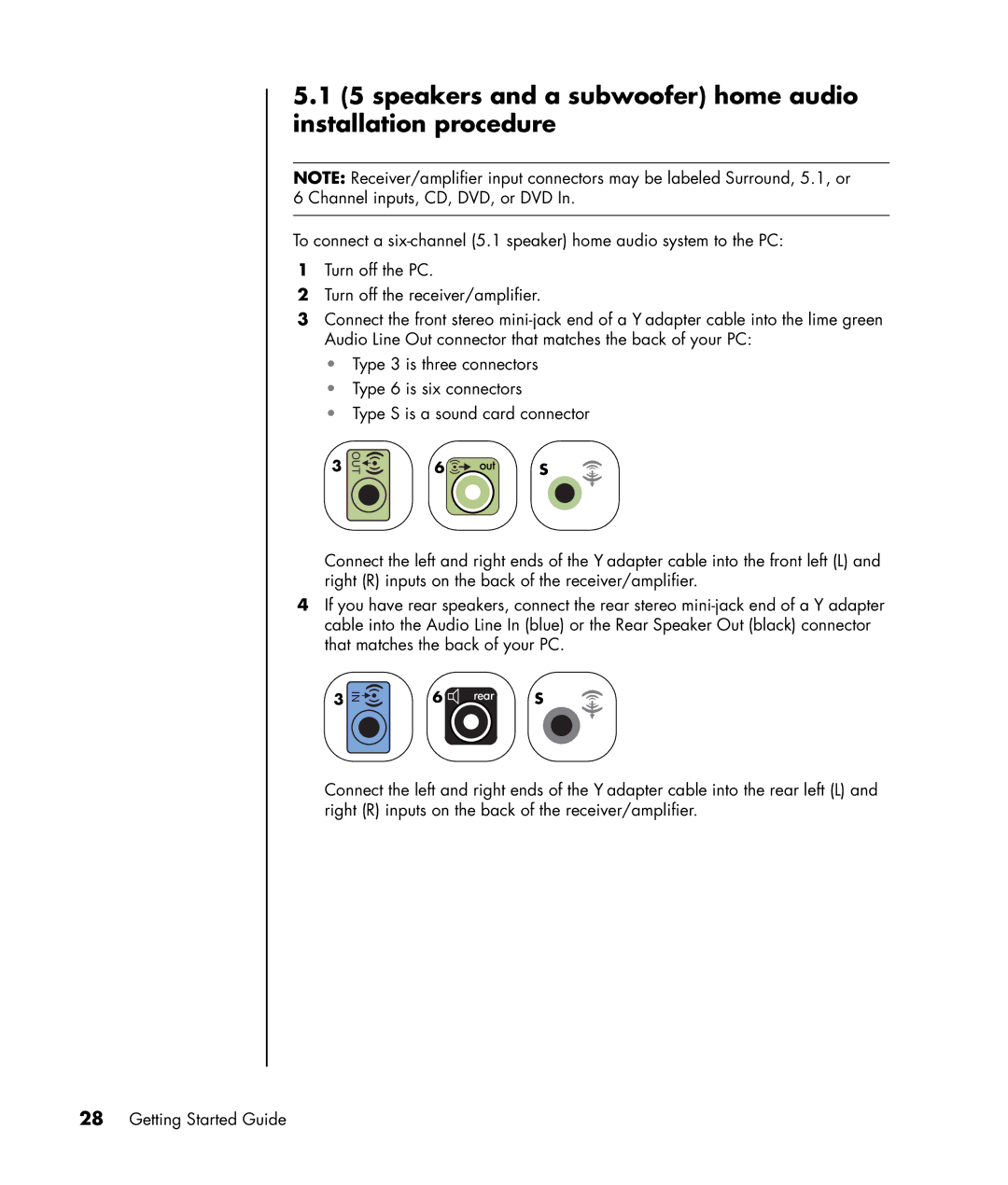 HP SR1820NX, SR1817CL, SR1811NX, SR1810NX, SR1802HM, SR1800NX manual speakers and a subwoofer home audio installation procedure 