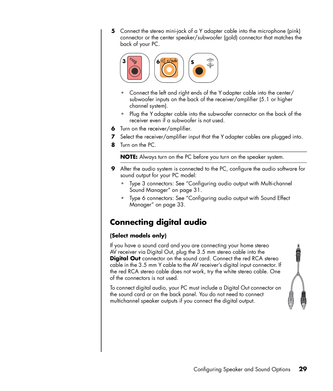 HP SR1780AN, SR1817CL, SR1811NX, SR1810NX, SR1802HM, SR1800NX, SR1803WM, SR1820NX Connecting digital audio, Select models only 