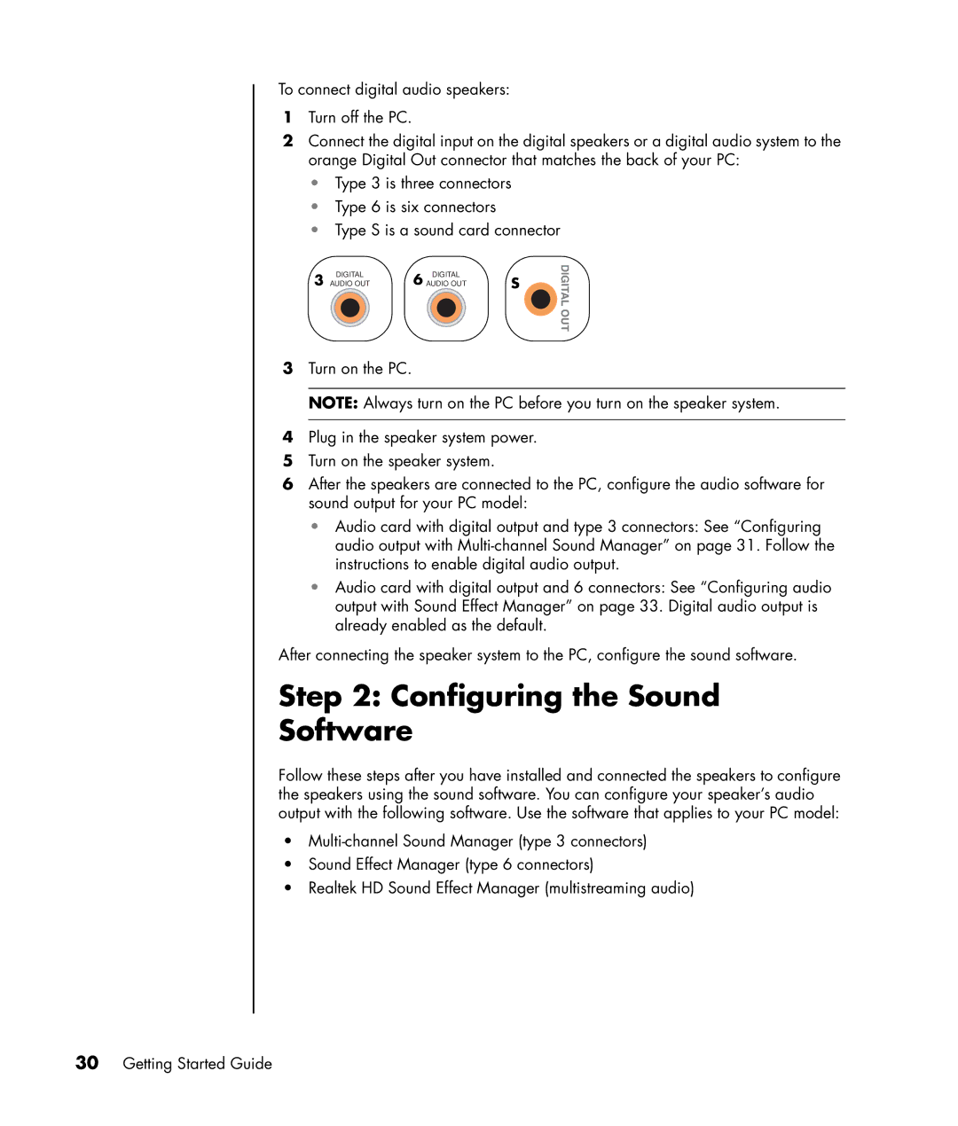 HP SR1830NX, SR1817CL, SR1811NX, SR1810NX, SR1802HM, SR1800NX, SR1803WM, SR1820NX, SR1780AN manual Configuring the Sound Software 