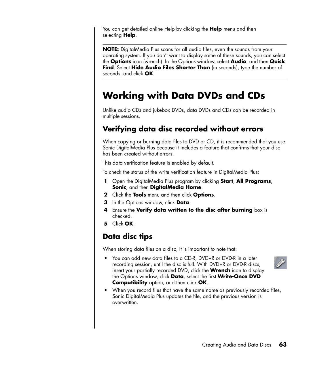HP SR1811NX, SR1817CL, SR1810NX Working with Data DVDs and CDs, Verifying data disc recorded without errors, Data disc tips 