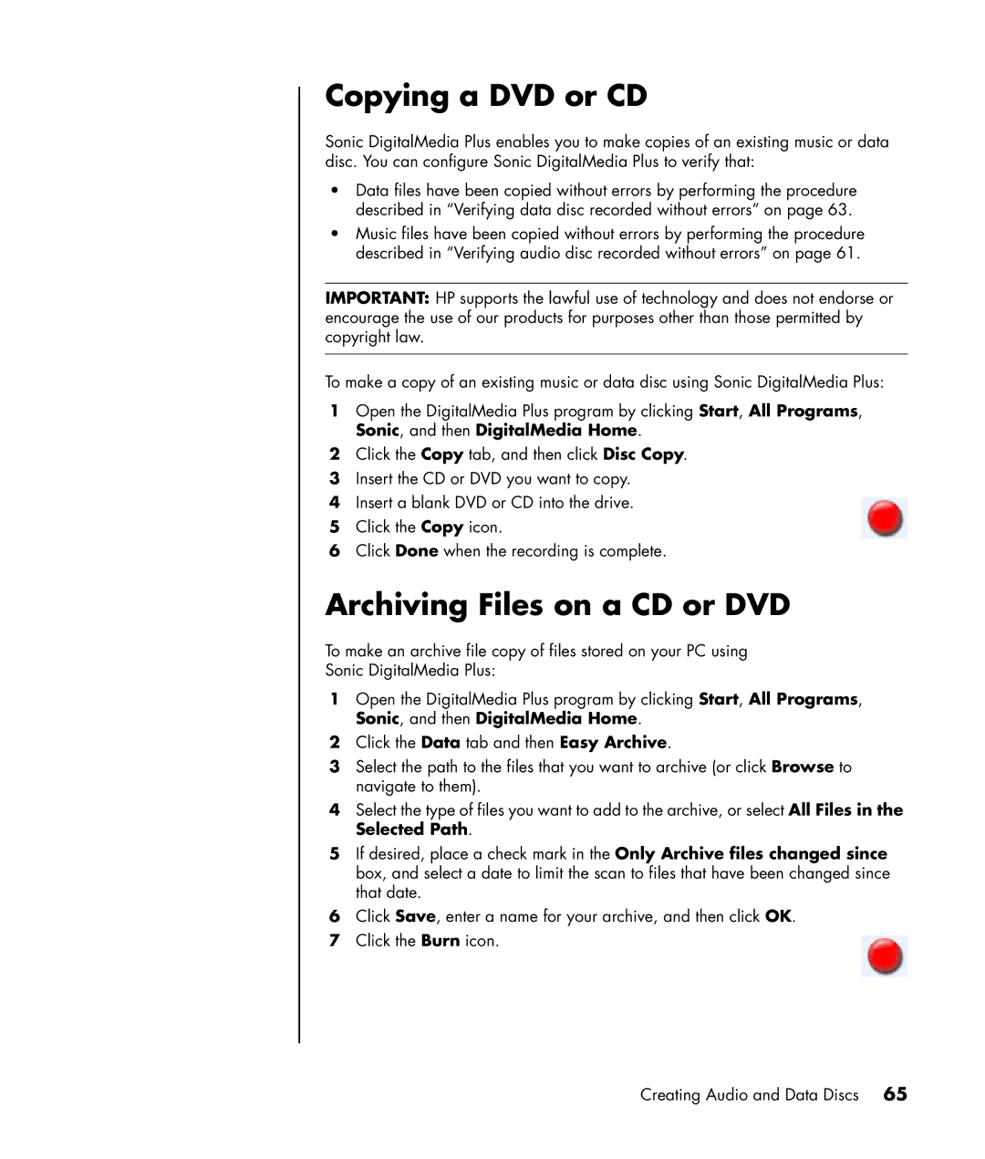 HP SR1802HM, SR1817CL, SR1811NX, SR1810NX, SR1800NX, SR1803WM, SR1820NX Copying a DVD or CD, Archiving Files on a CD or DVD 