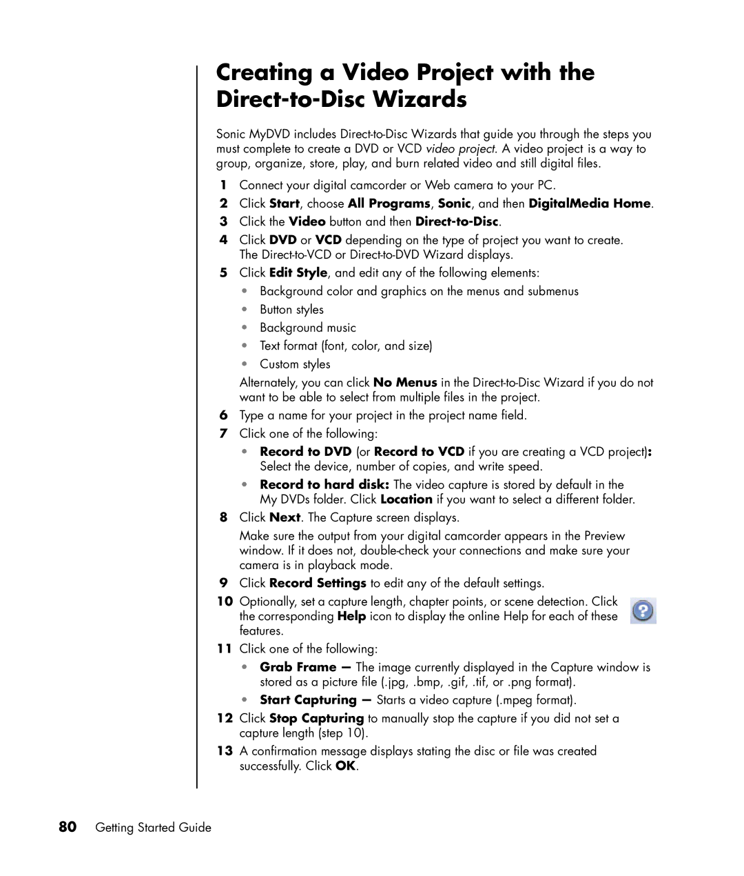 HP SR1830NX, SR1817CL, SR1811NX, SR1810NX, SR1802HM, SR1800NX manual Creating a Video Project with the Direct-to-Disc Wizards 