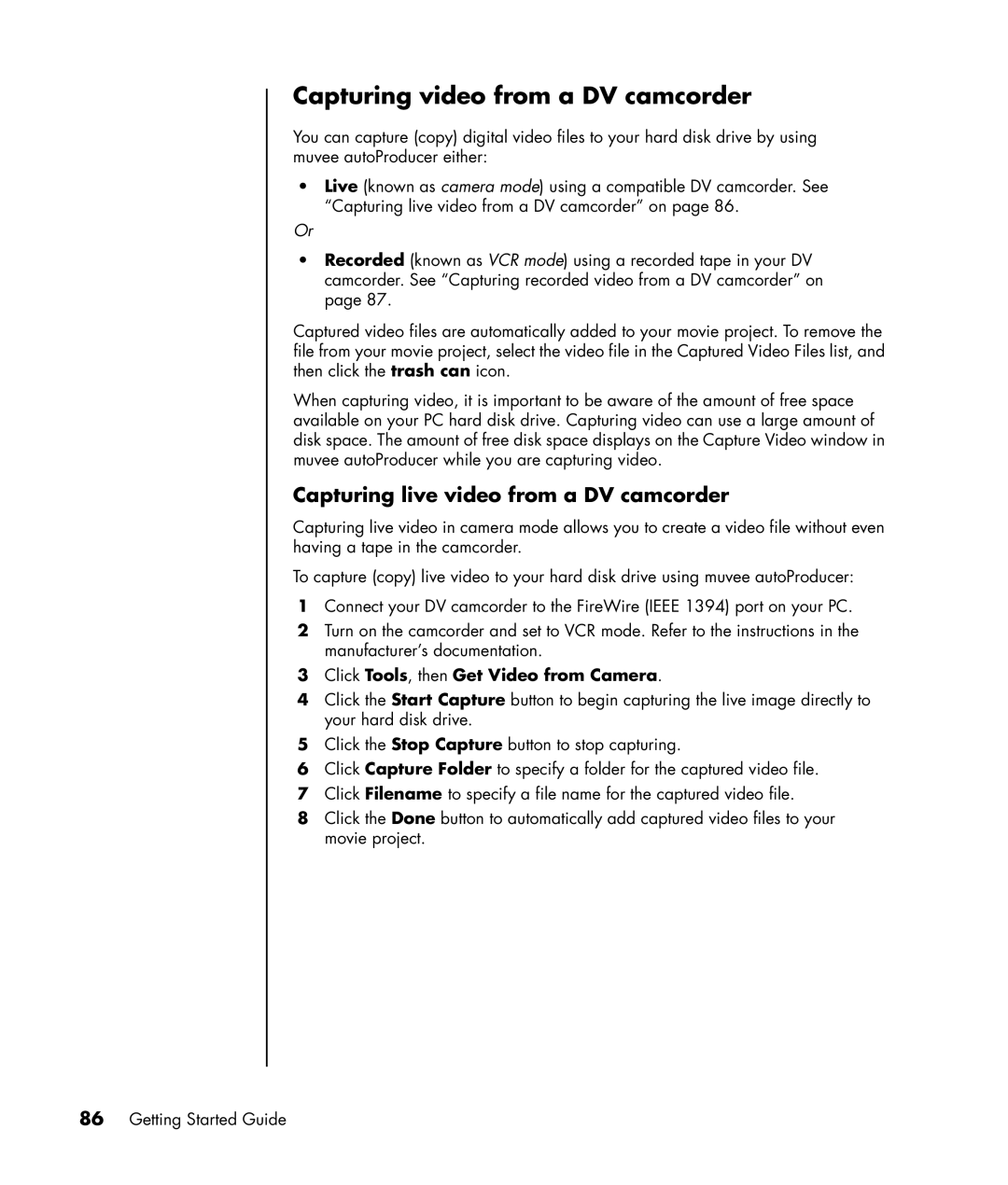 HP SR1800NX, SR1817CL, SR1811NX, SR1810NX manual Capturing video from a DV camcorder, Capturing live video from a DV camcorder 