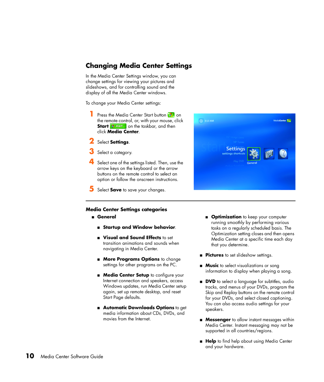 HP SR1834NX, SR1838NX manual Changing Media Center Settings, Media Center Settings categories 