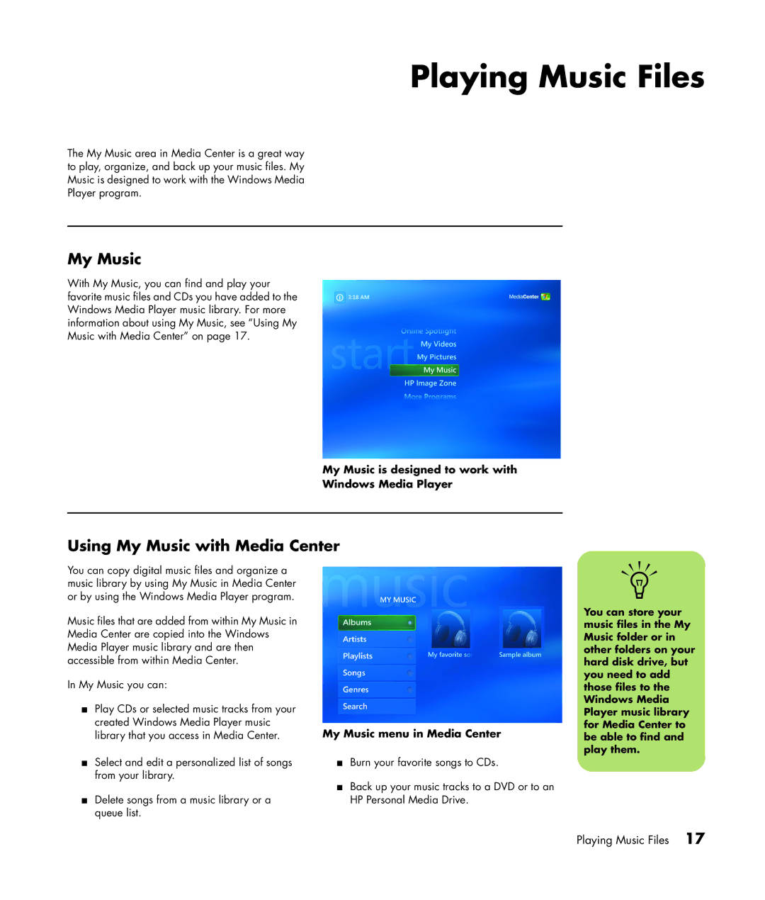 HP SR1838NX, SR1834NX manual Playing Music Files, Using My Music with Media Center, My Music menu in Media Center 