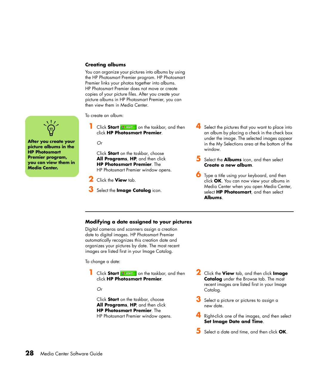 HP SR1834NX, SR1838NX manual Creating albums, Modifying a date assigned to your pictures, HP Photosmart Premier 