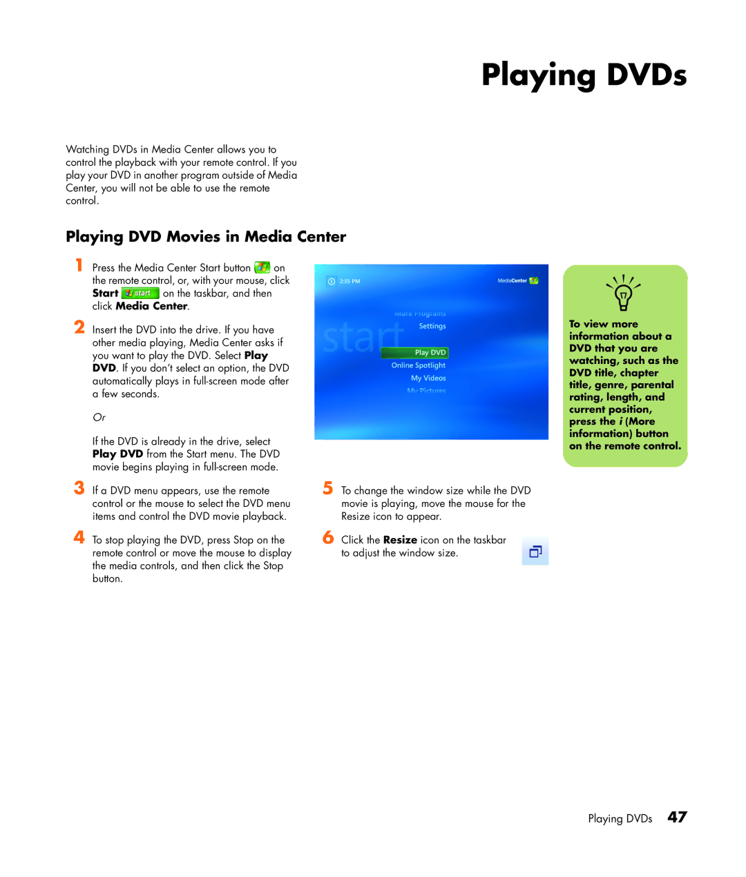 HP SR1838NX, SR1834NX manual Playing DVDs, Playing DVD Movies in Media Center 