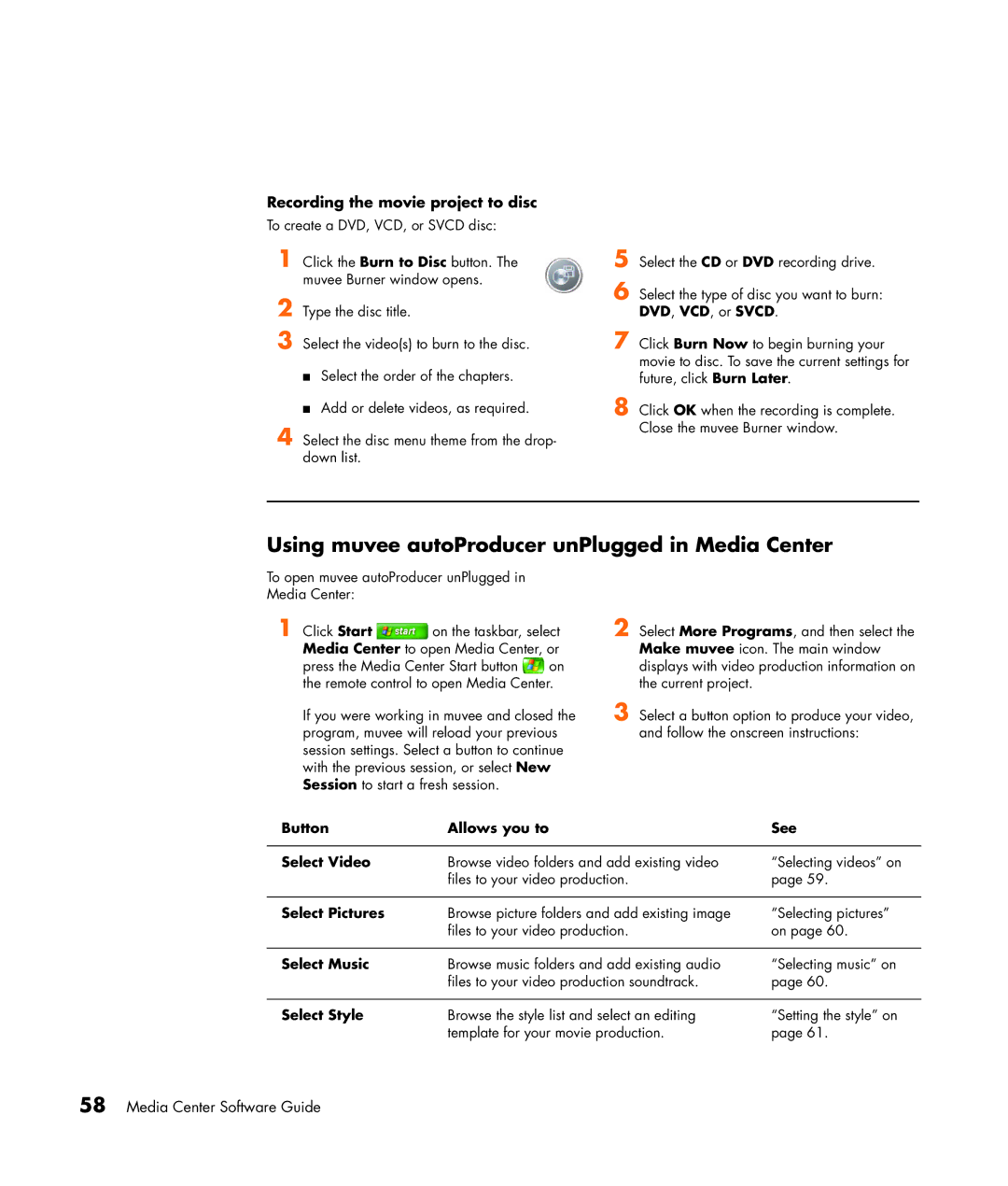 HP SR1834NX, SR1838NX manual Using muvee autoProducer unPlugged in Media Center, Recording the movie project to disc 