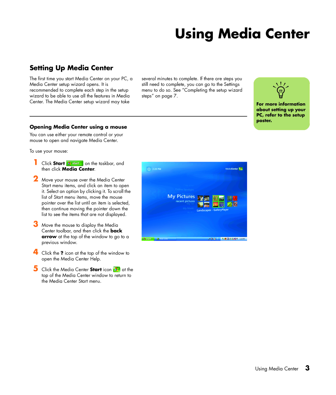 HP SR1838NX, SR1834NX manual Using Media Center, Setting Up Media Center, Opening Media Center using a mouse 