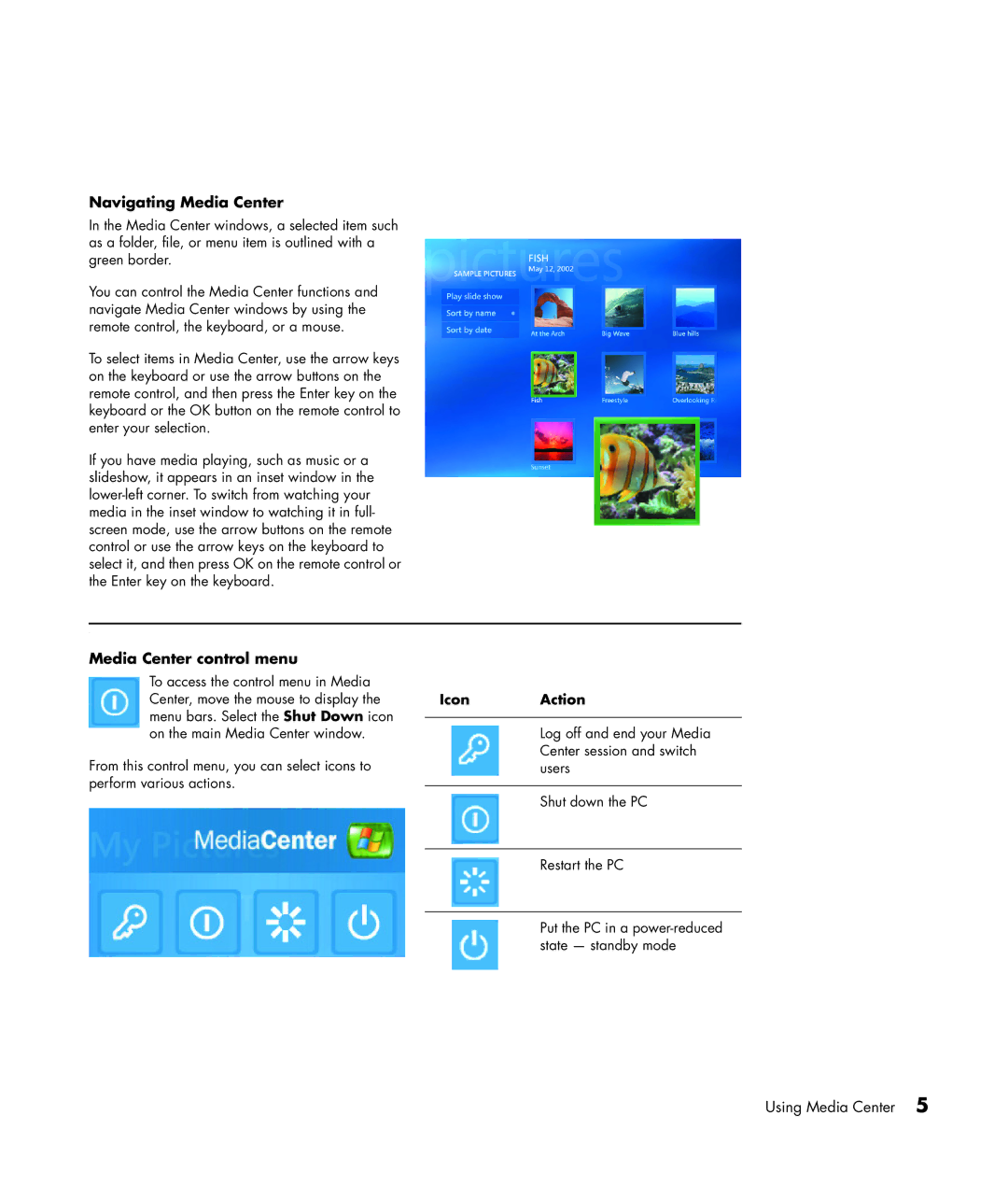 HP SR1838NX, SR1834NX manual Navigating Media Center, Media Center control menu, Icon Action 