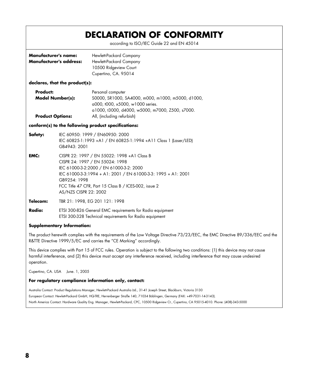 HP SR1936X, SR1900NX, SR1901WM, SR1922X, SR1903WM, SR1911X, SR1907CL, SR1902HM, SR1954NX, SR1917CL manual Declaration of Conformity 